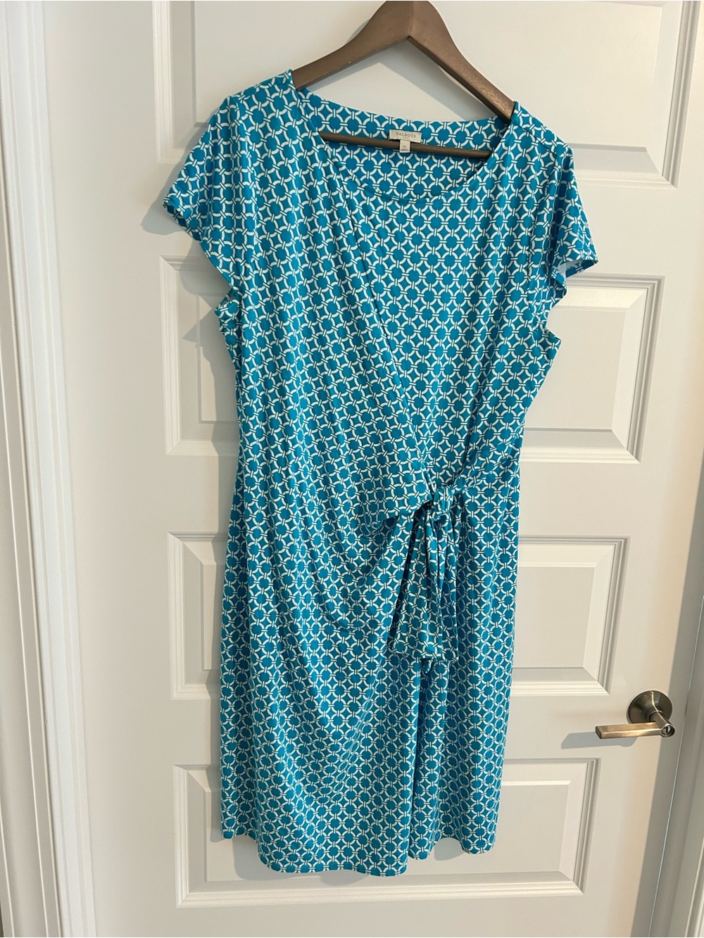 Talbots Tie Detail Midi Dress Blue White Geometric Print Size XL
